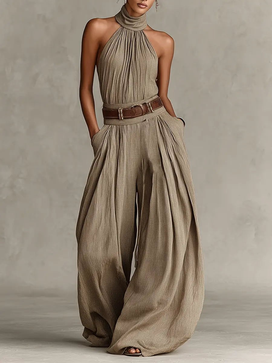Dames Halter Wijde Pijpen Katoenmix Jumpsuit - Taupe