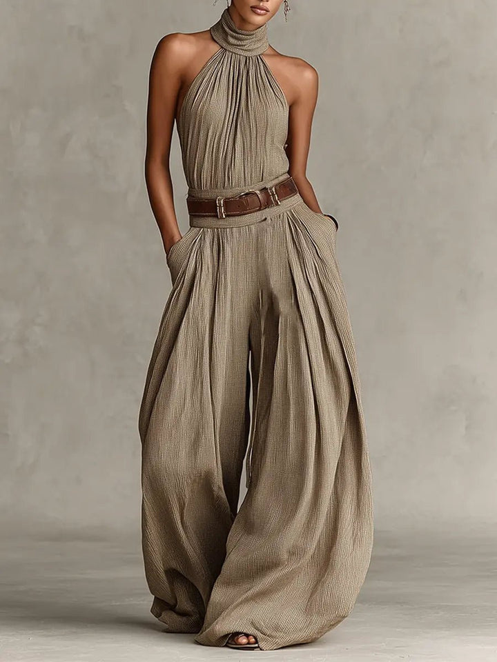 Dames Halter Wijde Pijpen Katoenmix Jumpsuit - Taupe