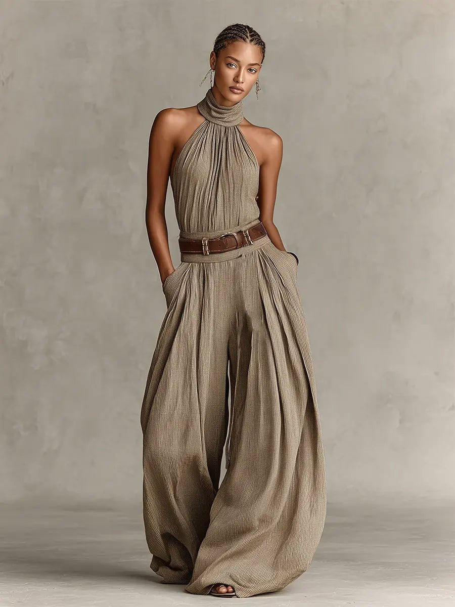 Dames Halter Wijde Pijpen Katoenmix Jumpsuit