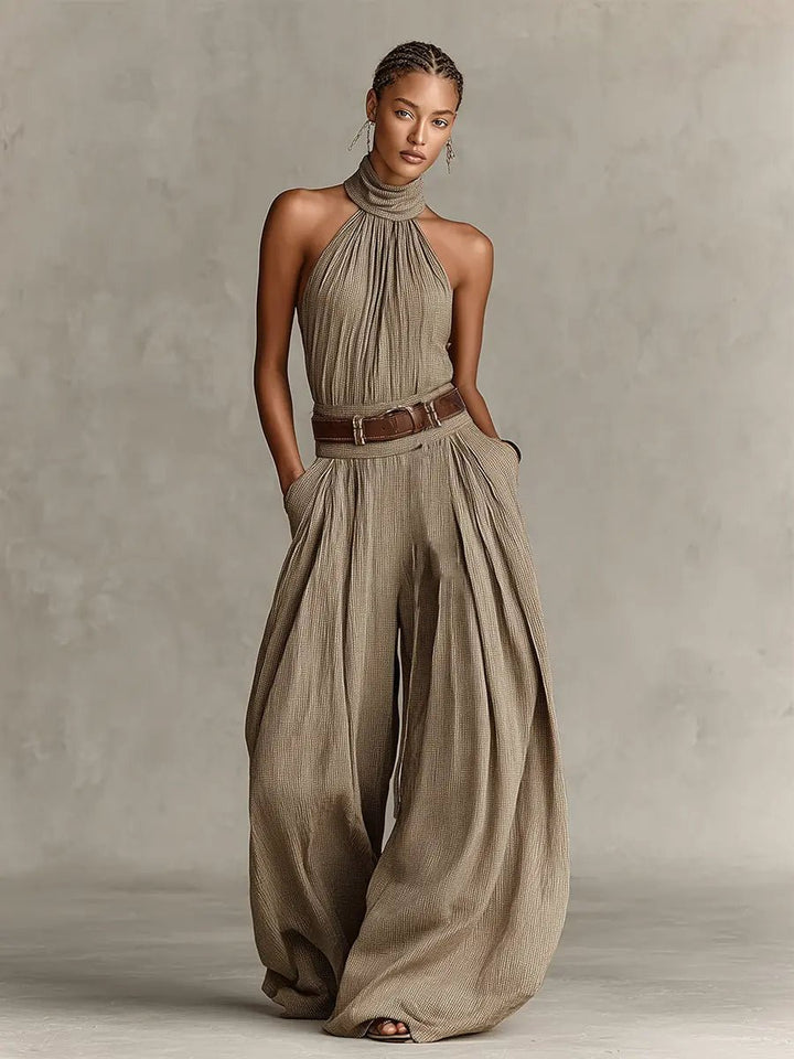 Dames Halter Wijde Pijpen Katoenmix Jumpsuit