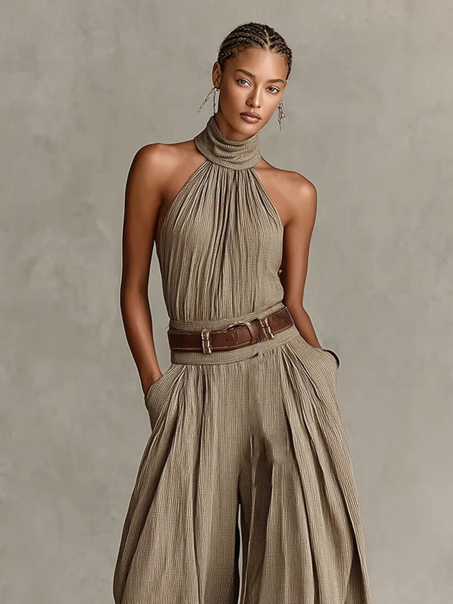 Dames Halter Wijde Pijpen Katoenmix Jumpsuit
