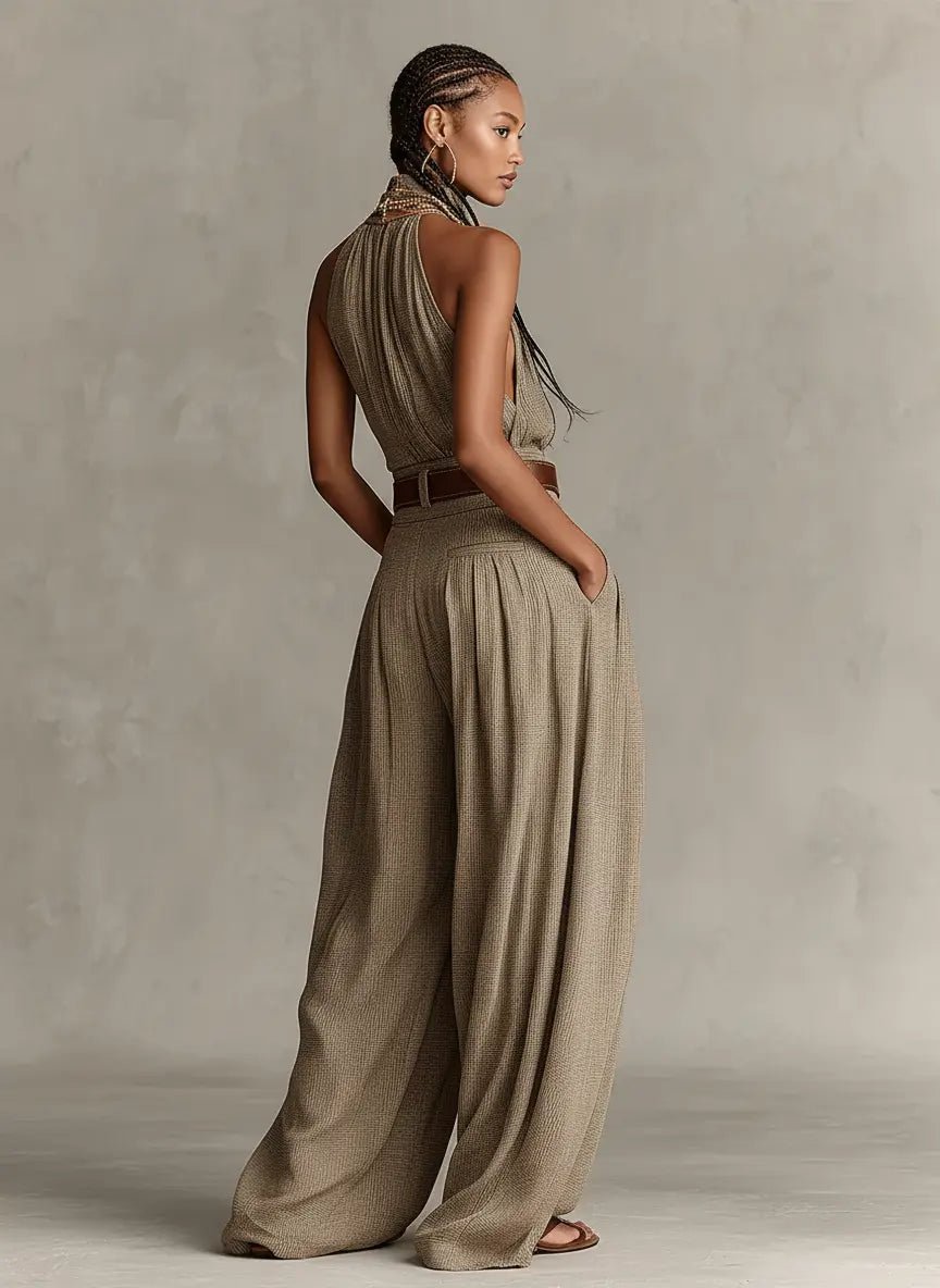 Dames Halter Wijde Pijpen Katoenmix Jumpsuit