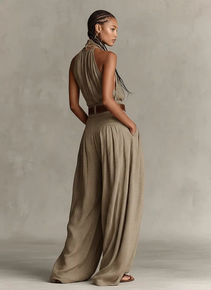 Dames Halter Wijde Pijpen Katoenmix Jumpsuit