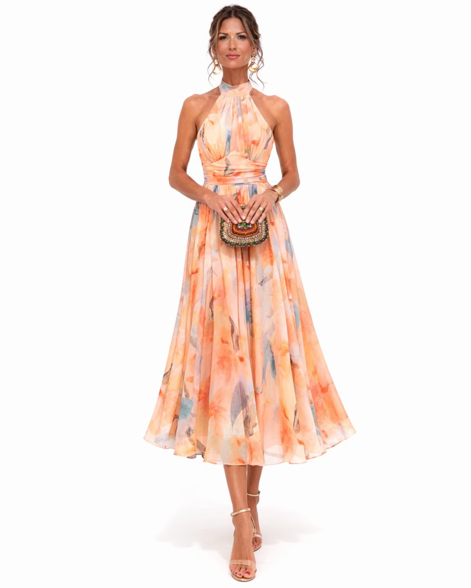 Dames Halterneck Chiffon Bloemenprint Midi-jurk