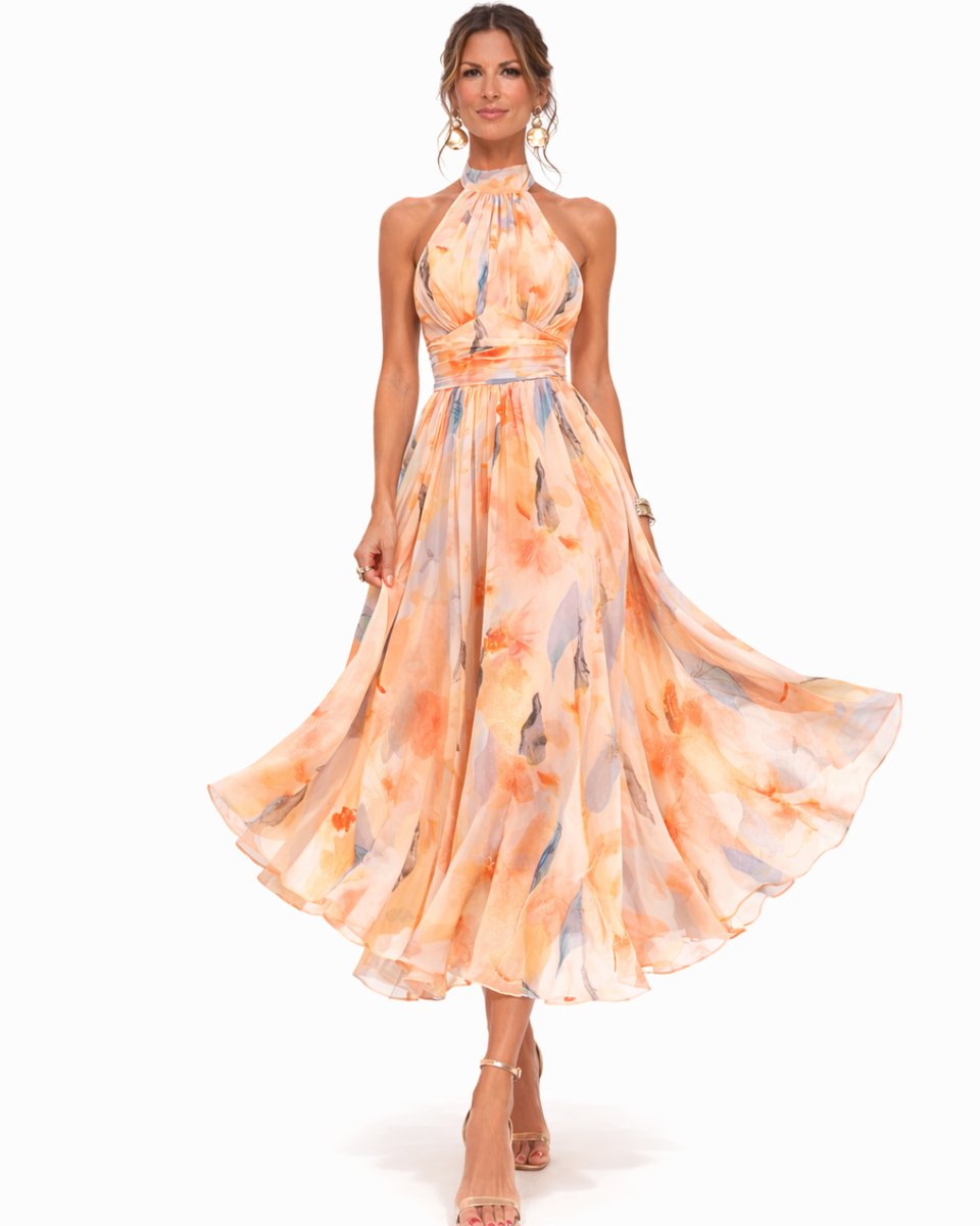 Dames Halterneck Chiffon Bloemenprint Midi-jurk