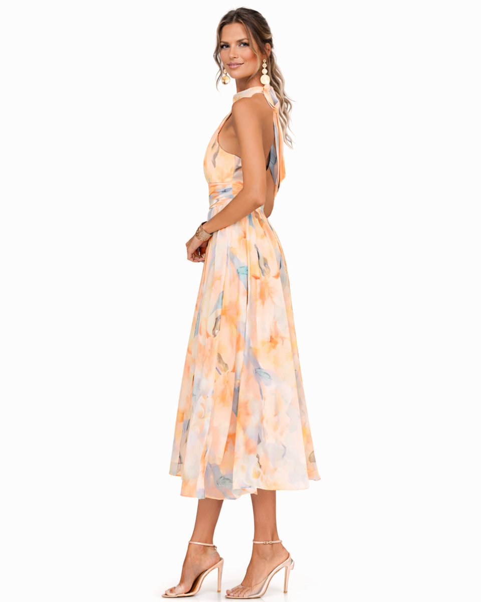 Dames Halterneck Chiffon Bloemenprint Midi-jurk