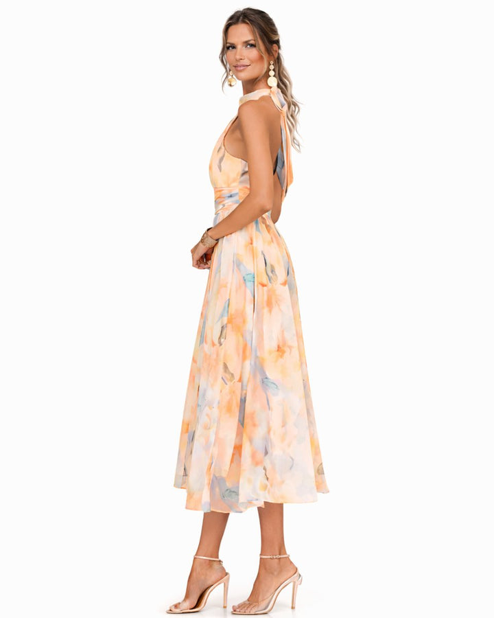 Dames Halterneck Chiffon Bloemenprint Midi-jurk