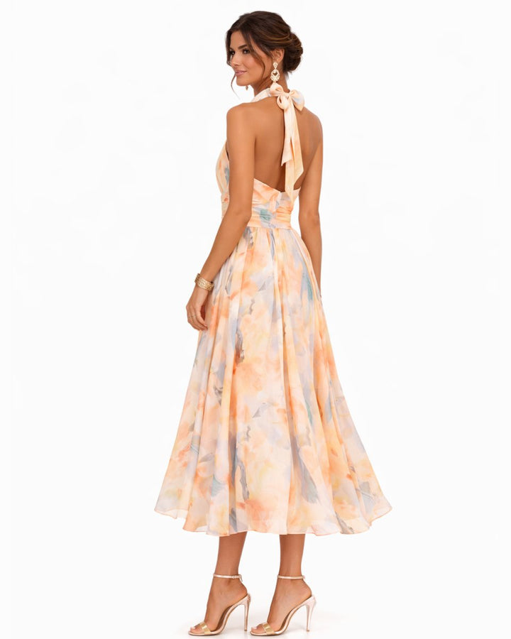 Dames Halterneck Chiffon Bloemenprint Midi-jurk