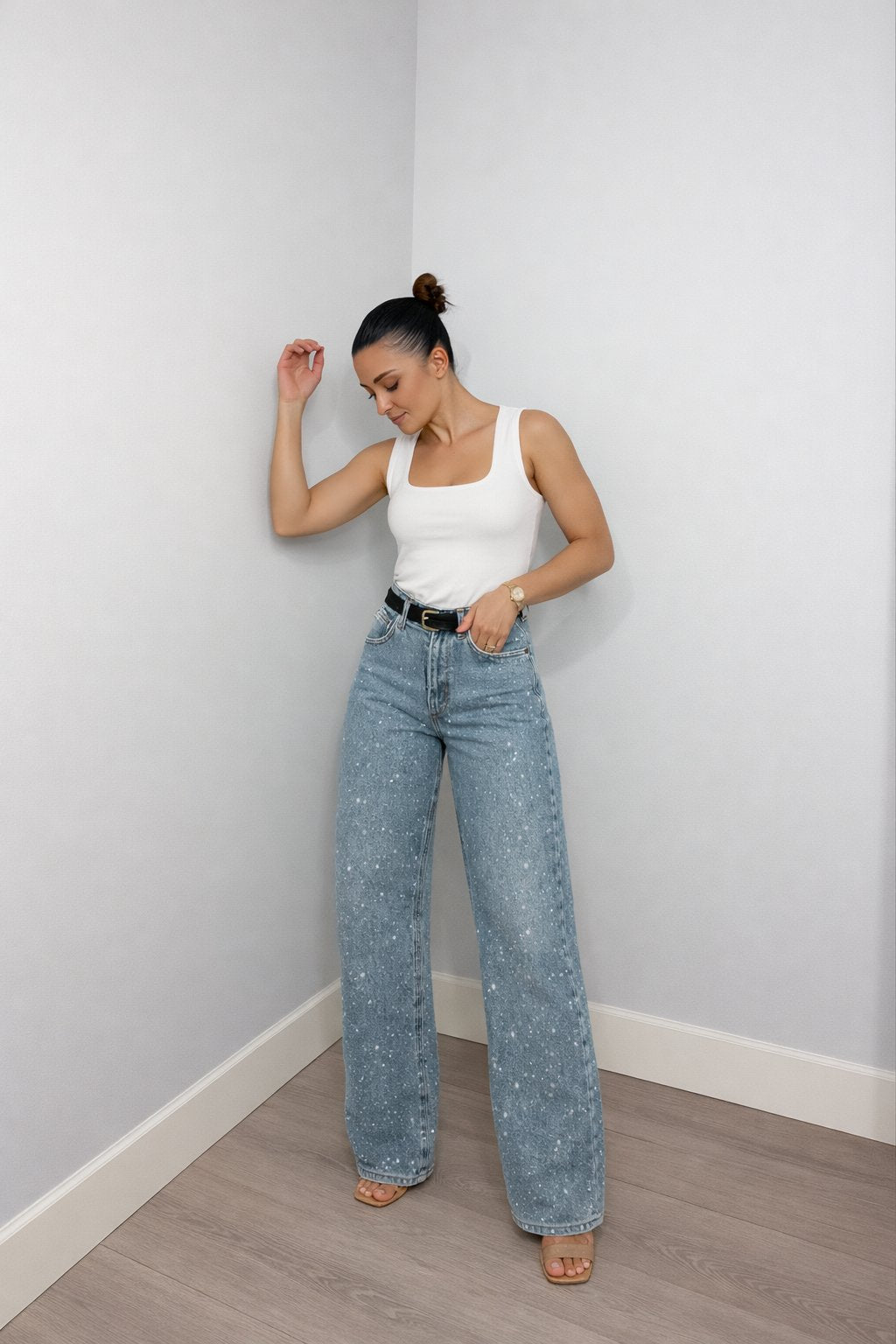 Dames High Waist Rechte Glitter Jeans