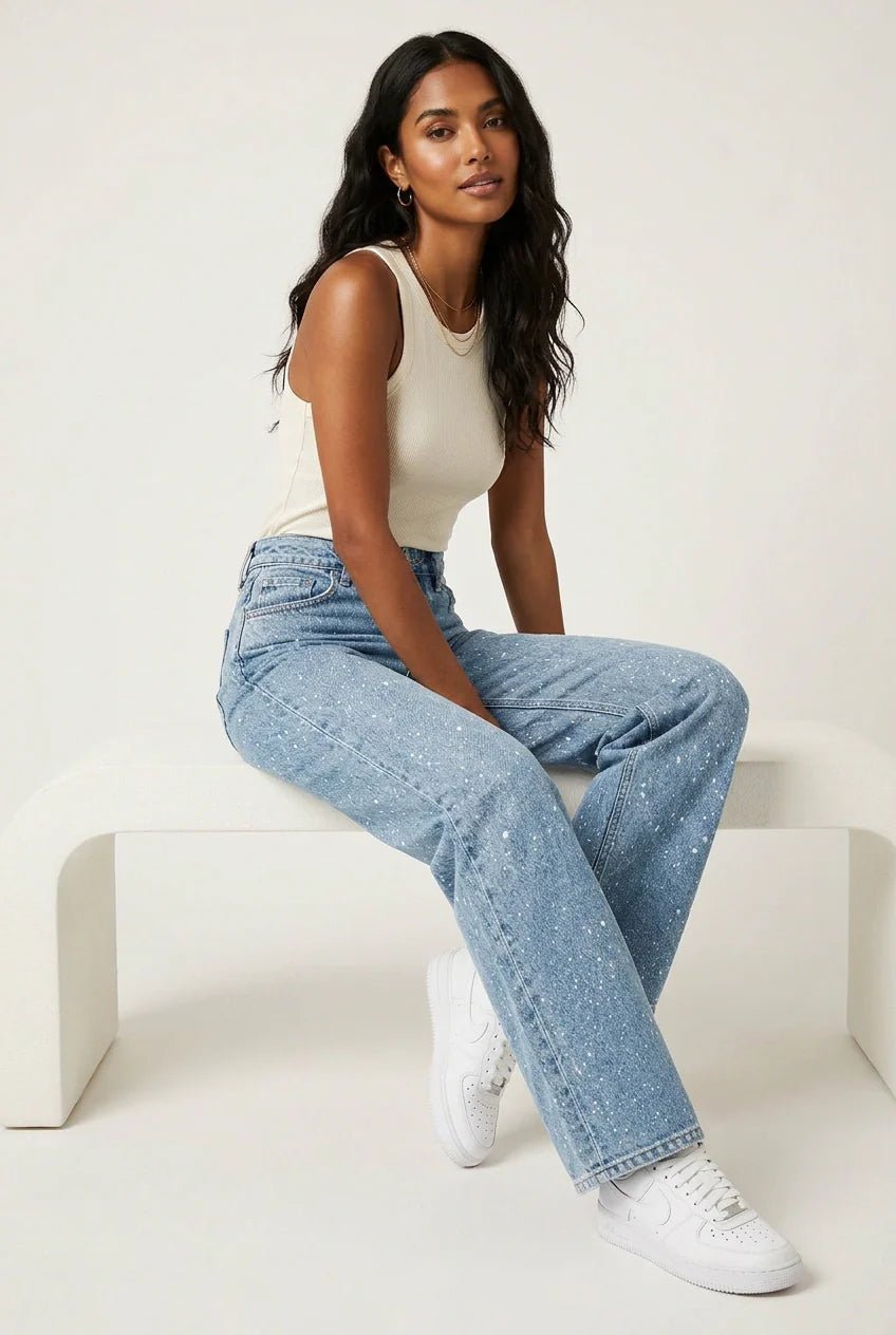 Dames High Waist Rechte Glitter Jeans - Blau