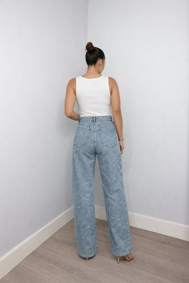 Dames High Waist Rechte Glitter Jeans