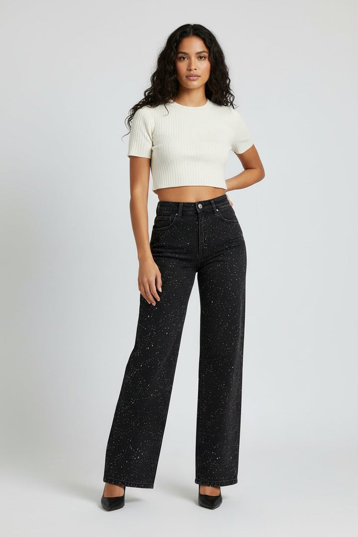 Dames High Waist Rechte Glitter Jeans - Schwarz