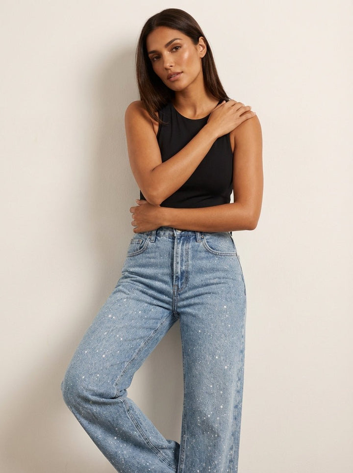 Dames High Waist Rechte Glitter Jeans