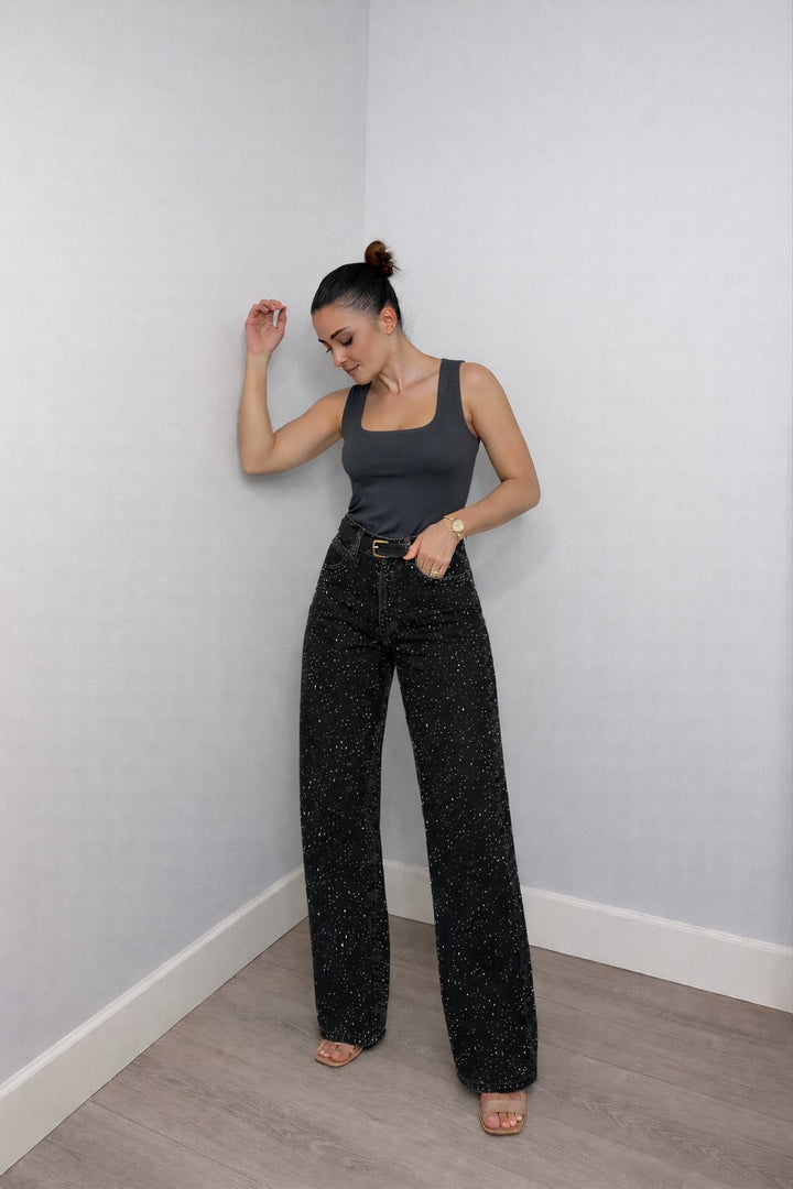 Dames High Waist Rechte Glitter Jeans