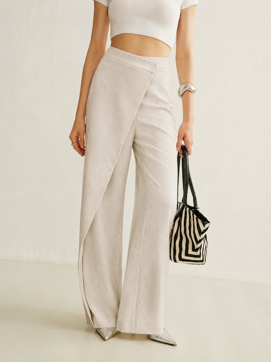 Dames Hoge Taille Asymmetrische Wikkel Wide Leg Pants - Abrikoos