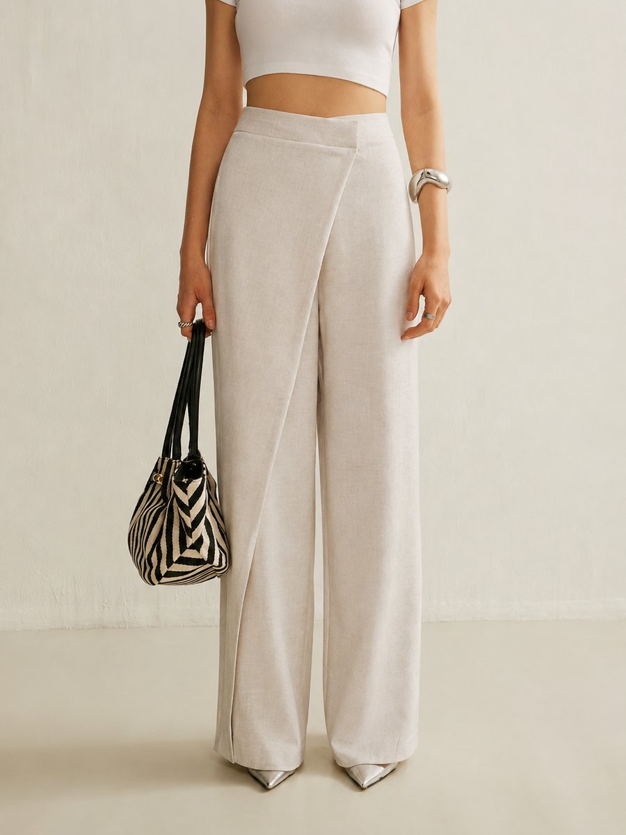 Dames Hoge Taille Asymmetrische Wikkel Wide Leg Pants