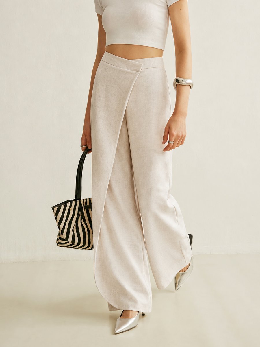 Dames Hoge Taille Asymmetrische Wikkel Wide Leg Pants