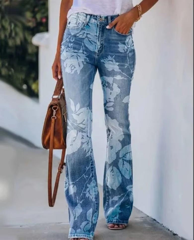 Dames Hoge Taille Bloemenprint Flare Jeans - Blue 5