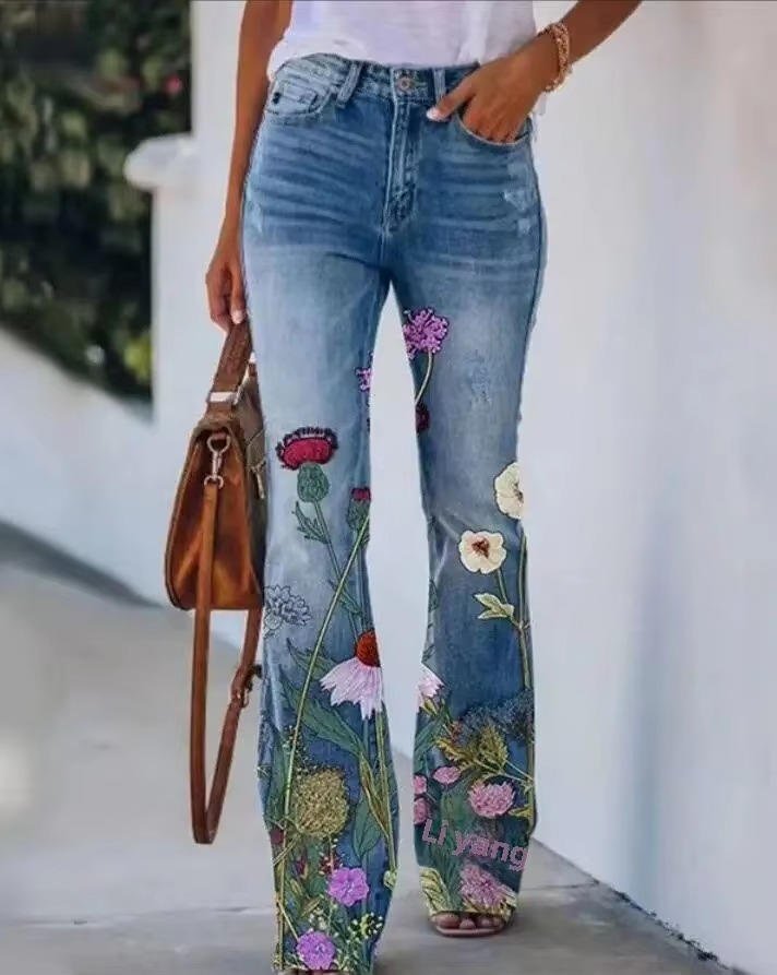 Dames Hoge Taille Bloemenprint Flare Jeans - Blue 6