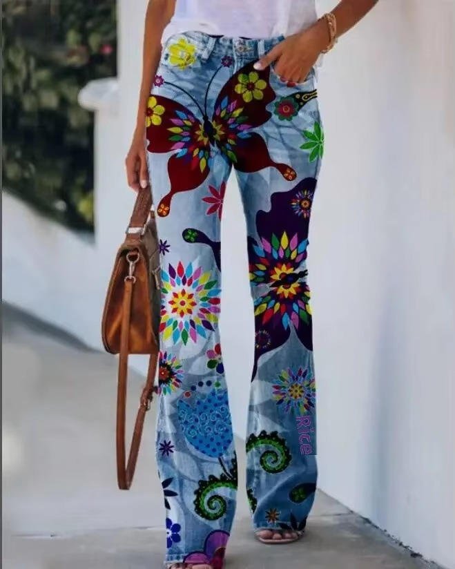 Dames Hoge Taille Bloemenprint Flare Jeans - Blue 8