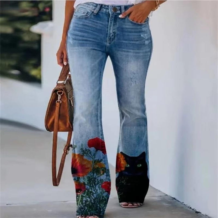 Dames Hoge Taille Bloemenprint Flare Jeans - Blue 9