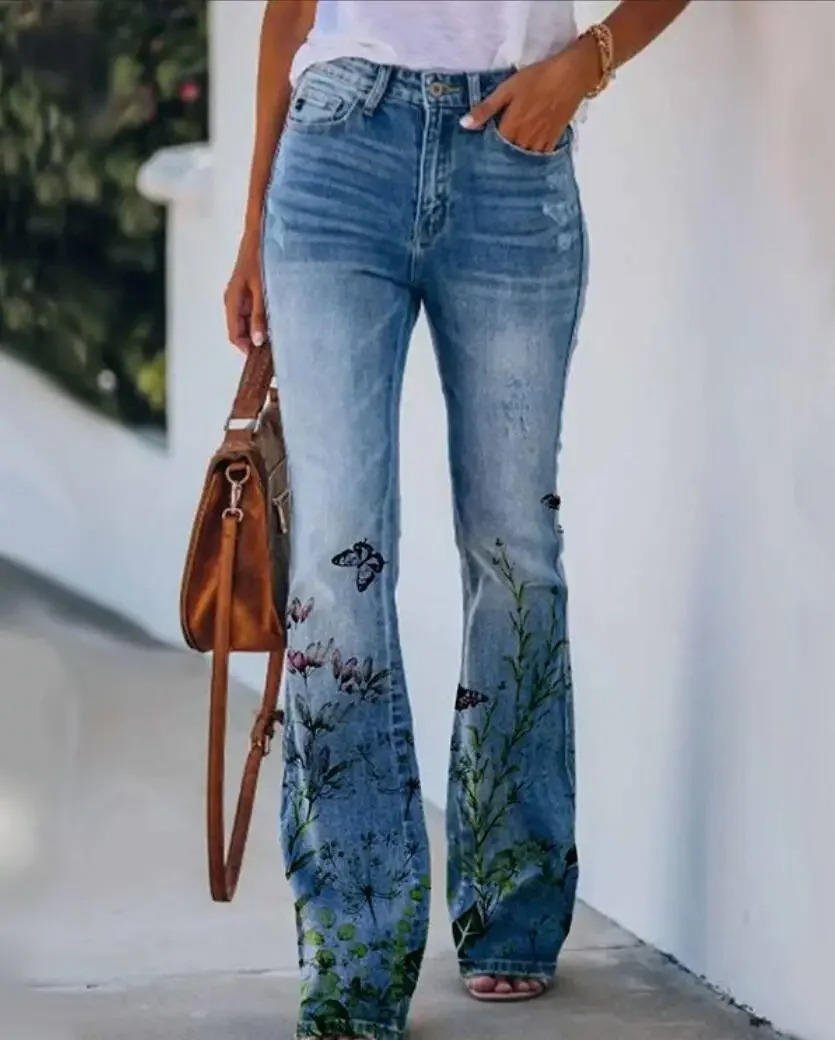 Dames Hoge Taille Bloemenprint Flare Jeans - Blue 1