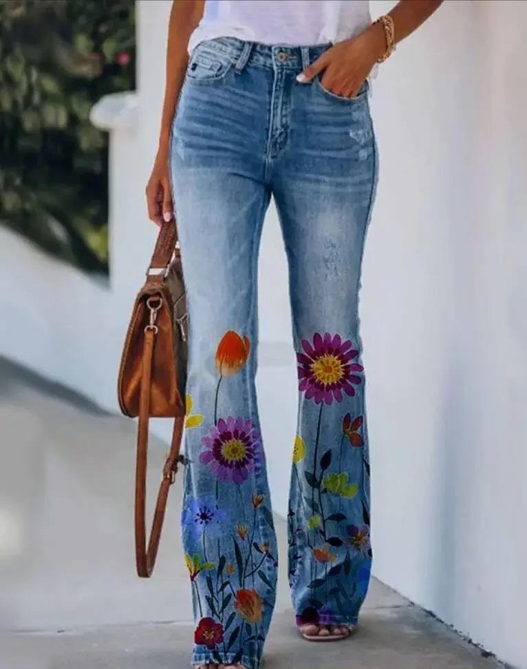 Dames Hoge Taille Bloemenprint Flare Jeans - Blue 2