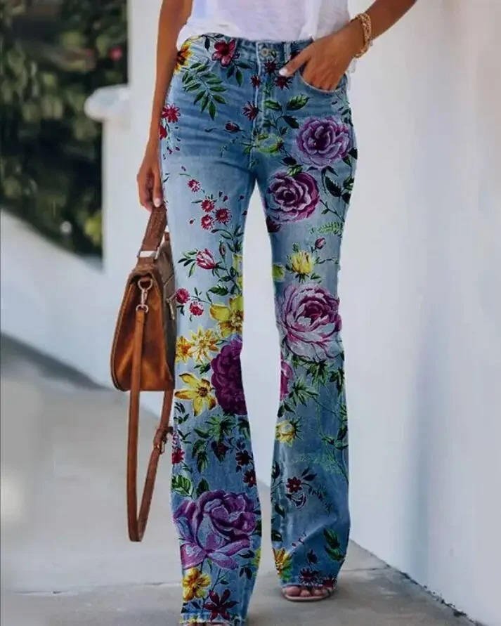 Dames Hoge Taille Bloemenprint Flare Jeans - Blue 3
