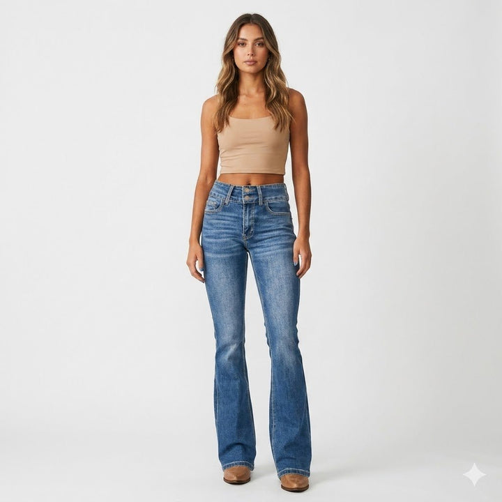Dames Hoge Taille Flared Denim Jeans Sculpted Fit - Blue