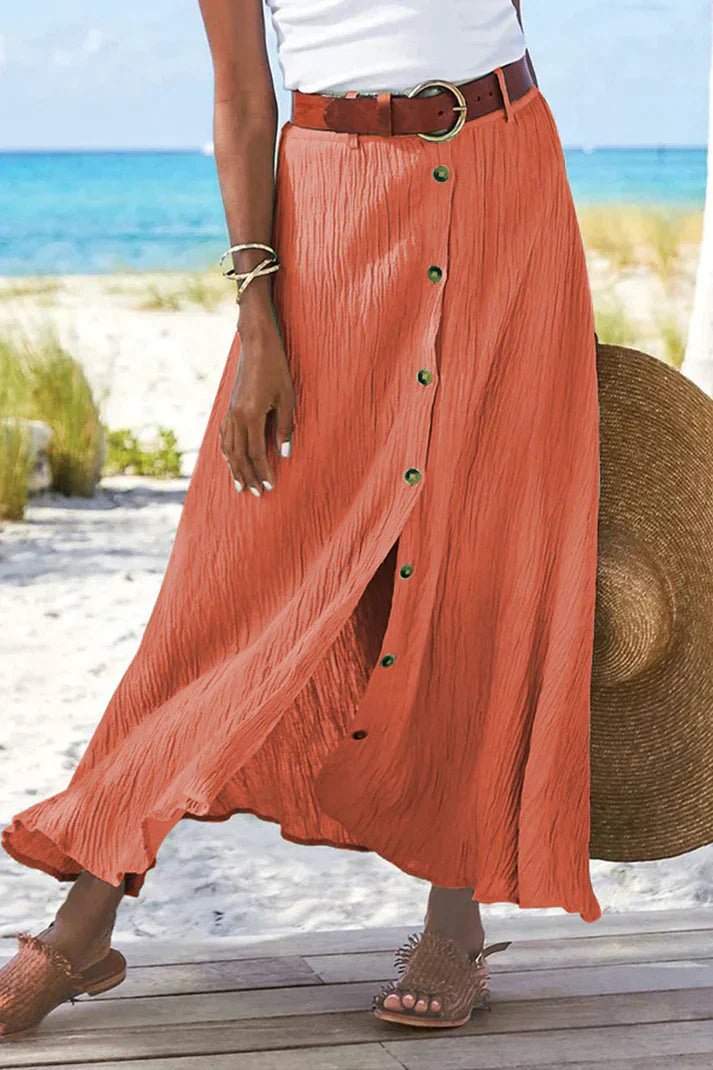 Dames Hoge Taille Linnen Look Maxi Rok met Knoopjes - Mandarin red