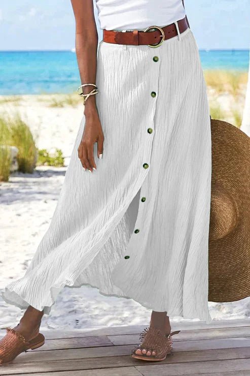 Dames Hoge Taille Linnen Look Maxi Rok met Knoopjes - White