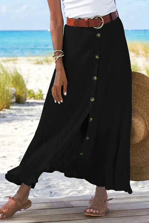 Dames Hoge Taille Linnen Look Maxi Rok met Knoopjes - Black