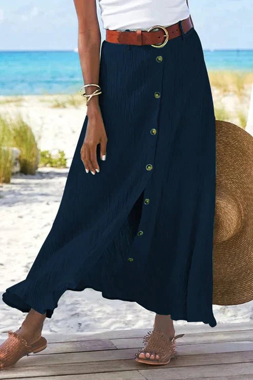 Dames Hoge Taille Linnen Look Maxi Rok met Knoopjes - Tibetan blue