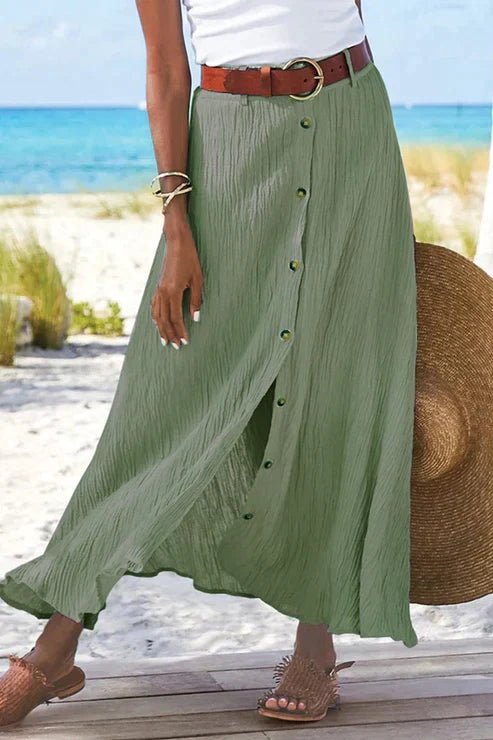 Dames Hoge Taille Linnen Look Maxi Rok met Knoopjes - Light green