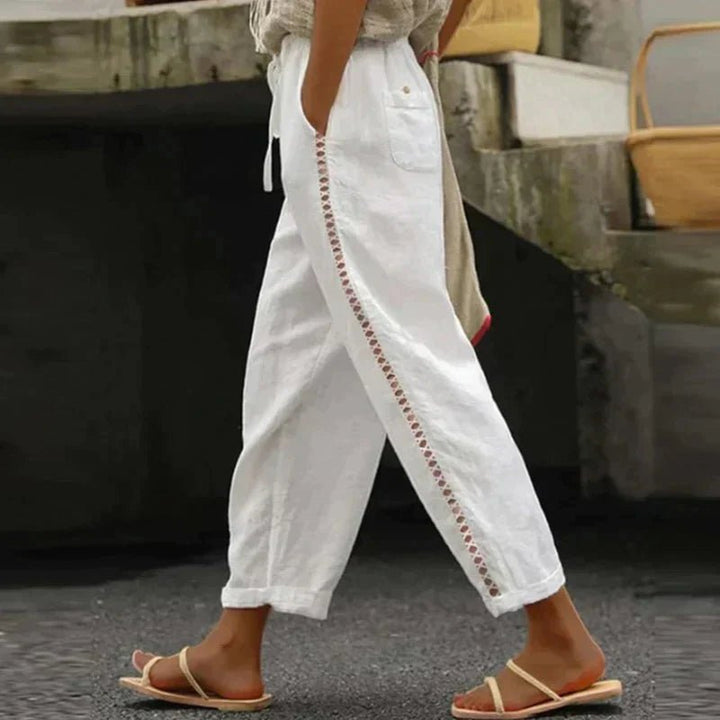 Dames Hoge Taille Linnen Look Toelopende Broek - White