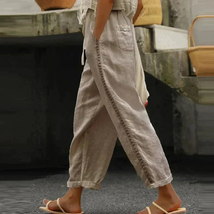 Dames Hoge Taille Linnen Look Toelopende Broek - Khaki