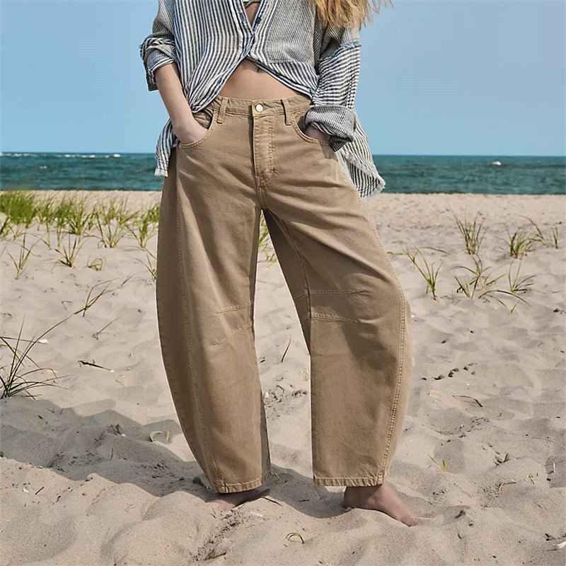 Dames Hoge Taille Wide-Leg Barrel Jeans Relaxed Fit - Beige