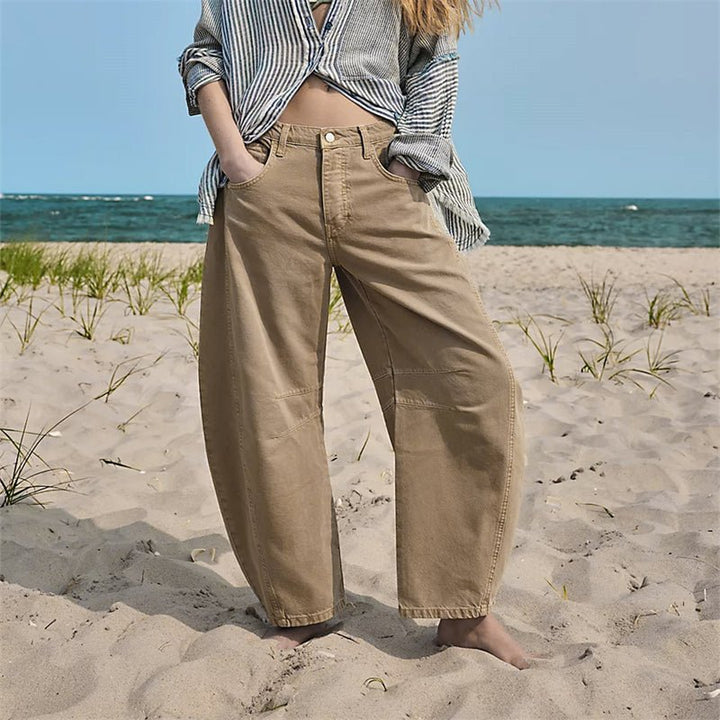 Dames Hoge Taille Wide-Leg Barrel Jeans Relaxed Fit - Beige