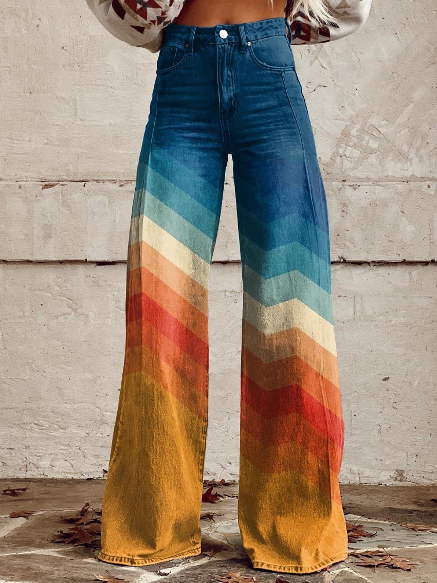 Dames Hoge Taille Wijde Pijp Chevron Zonsondergang Broek - Sunset Chevron
