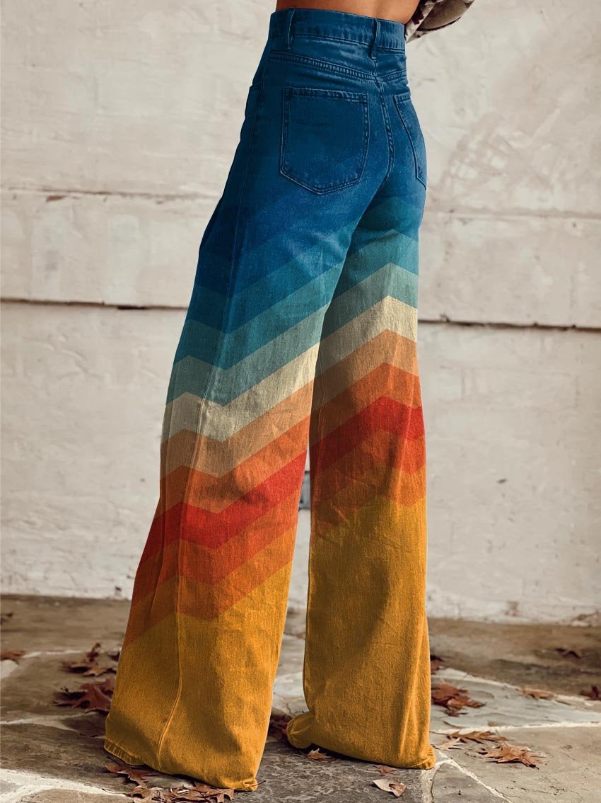Dames Hoge Taille Wijde Pijp Chevron Zonsondergang Broek
