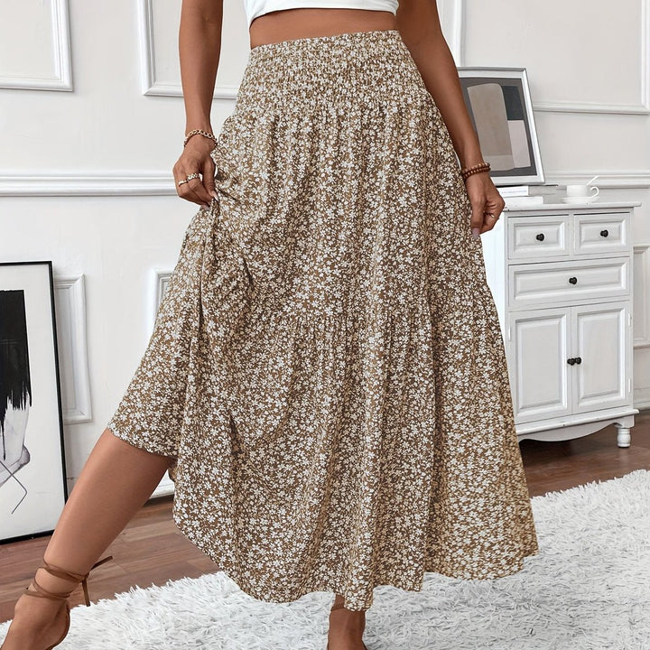 Dames Hoge Taille Wijdvallende Bloemenprint Midi Rok - Khaki Bloemen