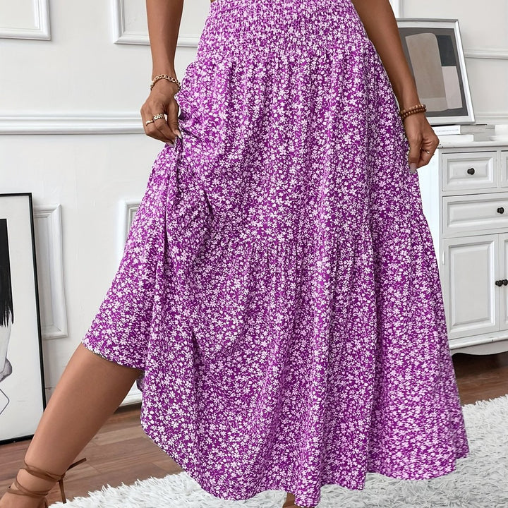 Dames Hoge Taille Wijdvallende Bloemenprint Midi Rok - Paars