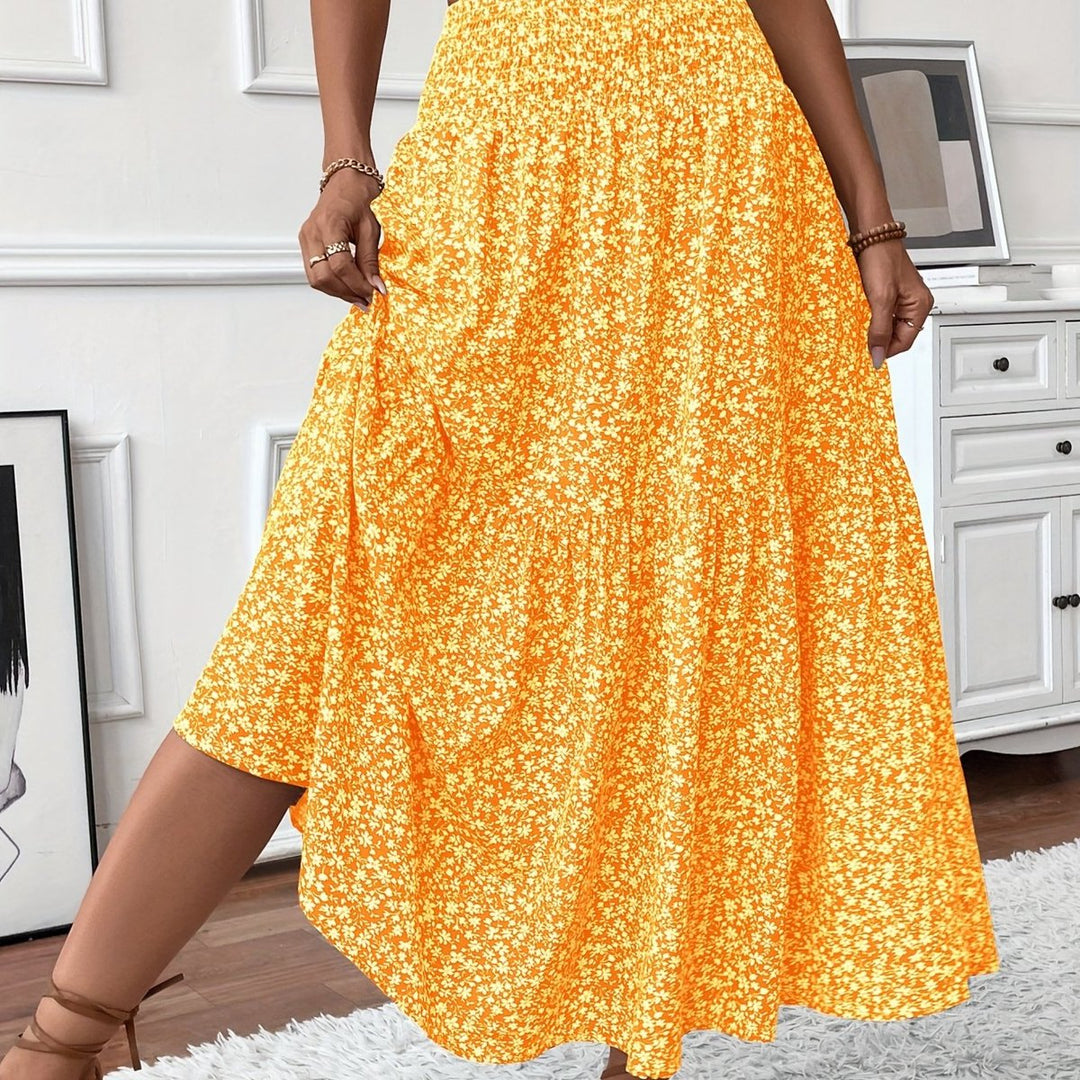 Dames Hoge Taille Wijdvallende Bloemenprint Midi Rok - Geel