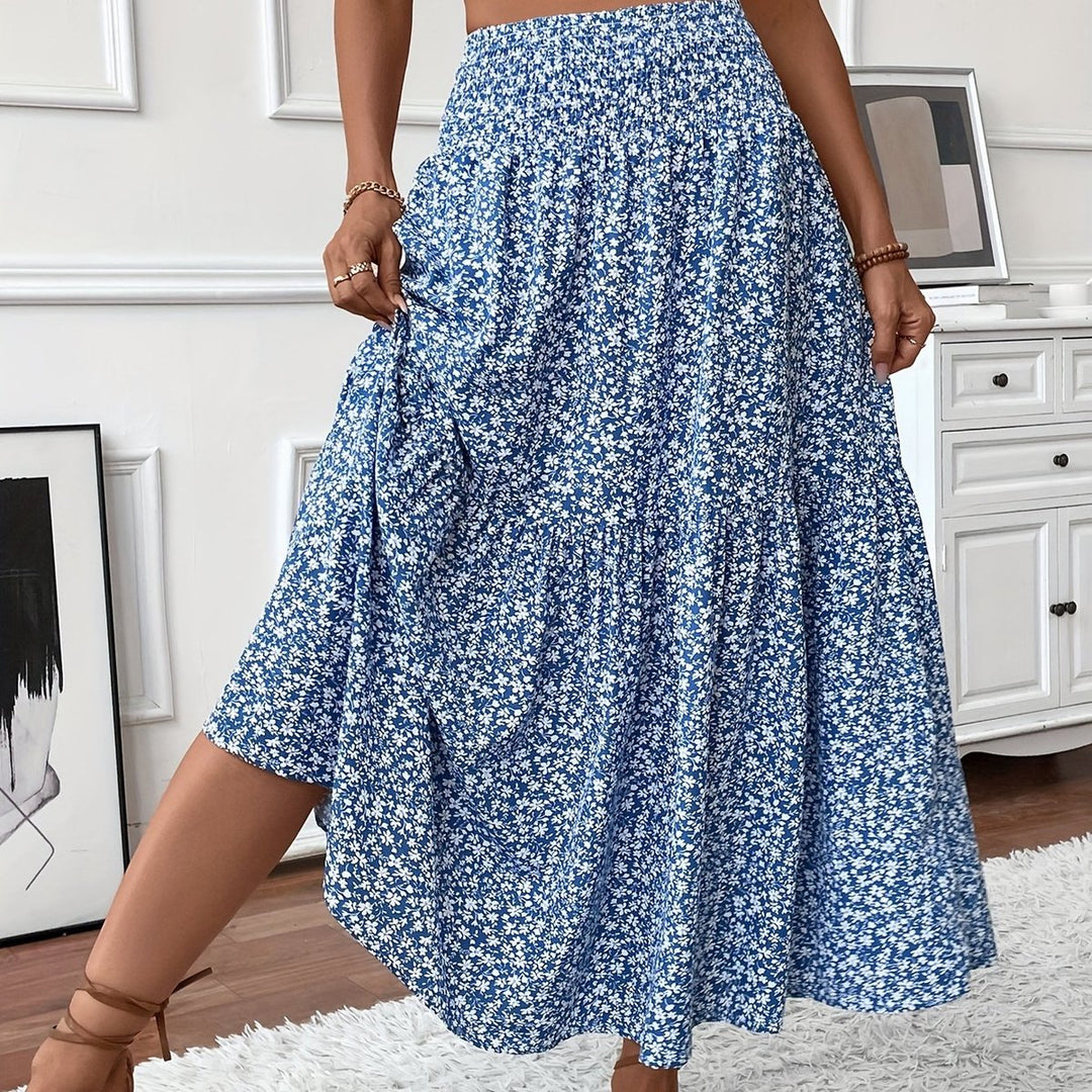 Dames Hoge Taille Wijdvallende Bloemenprint Midi Rok - Blauw