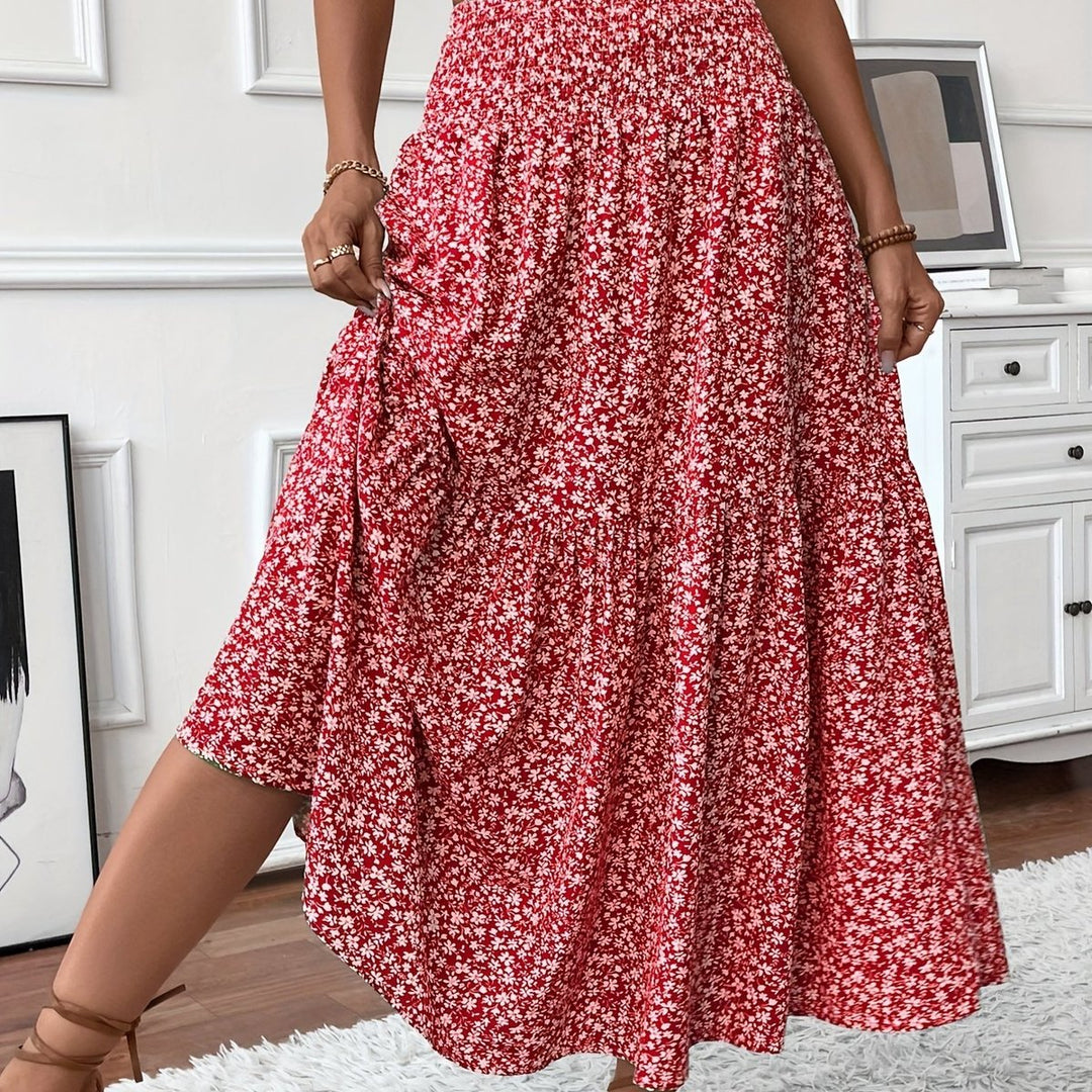 Dames Hoge Taille Wijdvallende Bloemenprint Midi Rok - Rood