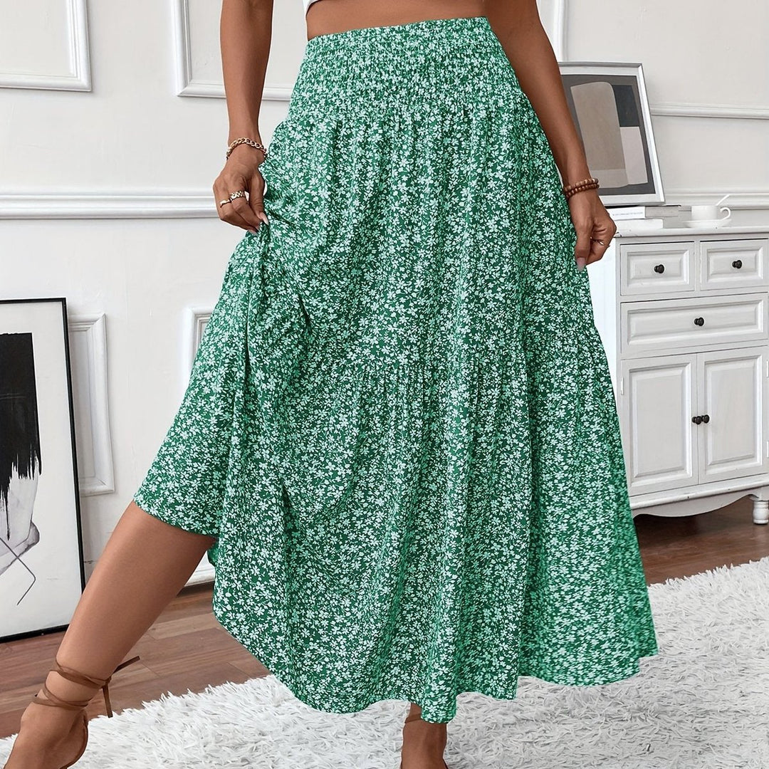Dames Hoge Taille Wijdvallende Bloemenprint Midi Rok - Groen