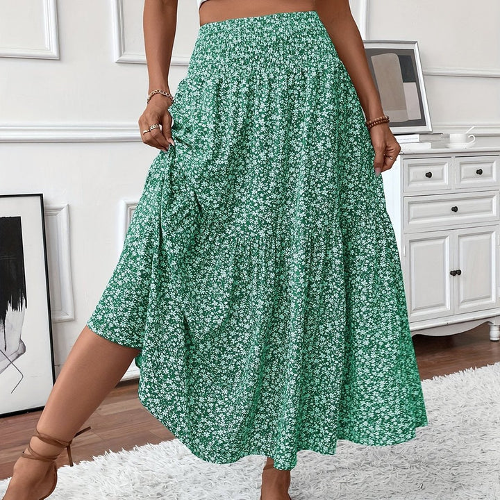 Dames Hoge Taille Wijdvallende Bloemenprint Midi Rok - Groen