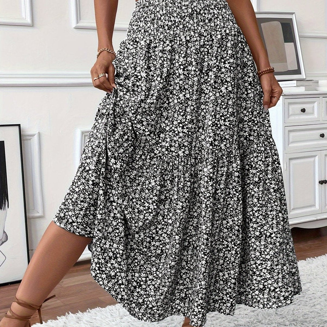Dames Hoge Taille Wijdvallende Bloemenprint Midi Rok - Zwart