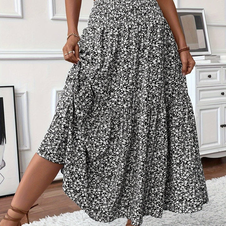 Dames Hoge Taille Wijdvallende Bloemenprint Midi Rok - Zwart