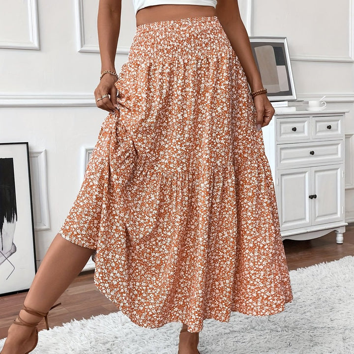 Dames Hoge Taille Wijdvallende Bloemenprint Midi Rok - Oranje Bloemen